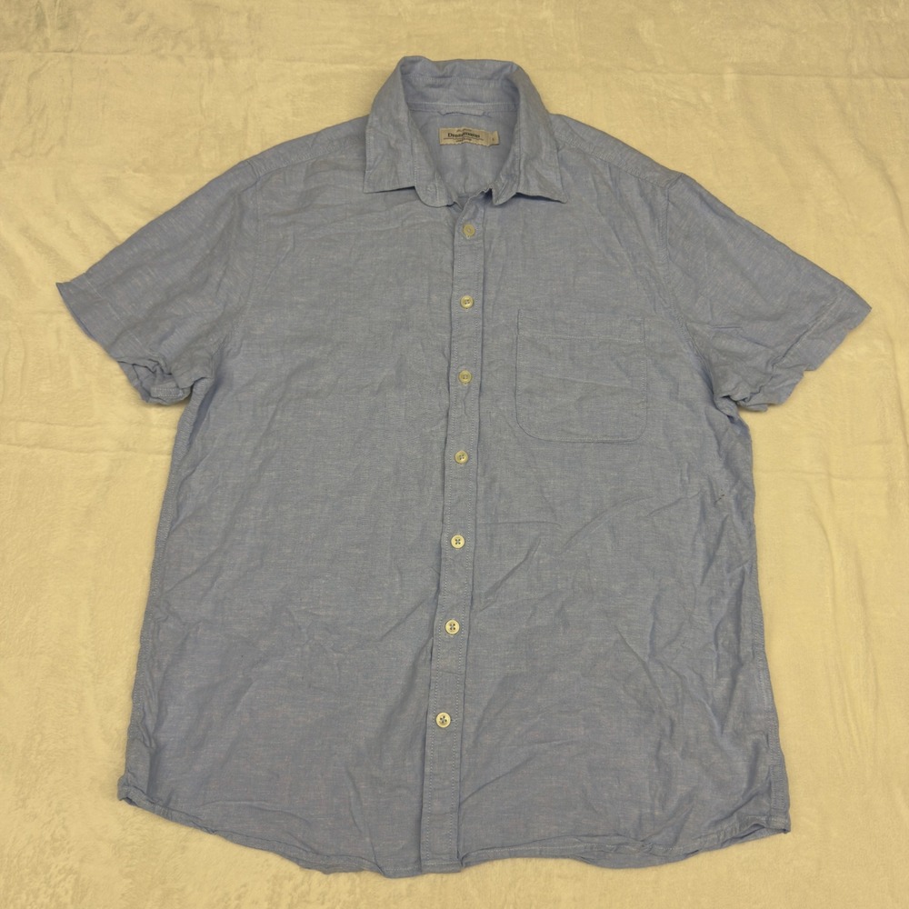 Dressmann Linen Shirt Mens Large Blue Kyle Short Sleeve Button Down Summer